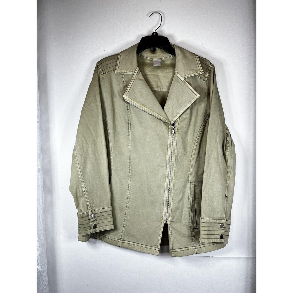 Chico's Jacket Womens 2 L Green Twill Moto Biker Zip Front Snap Cuff Collared